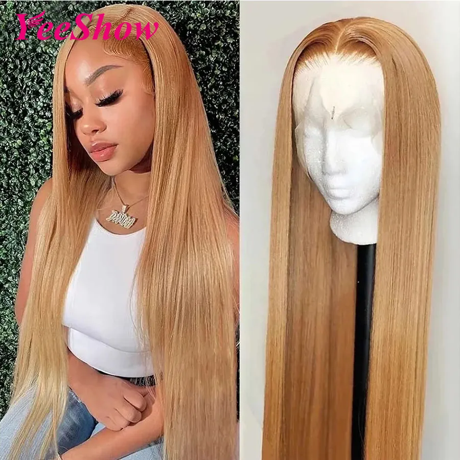 Honey Blonde lace front wigs human hair Straight HD #27 Color 13x4 Lace Frontal Human Hair Wigs Pre Plucked With Baby Hair