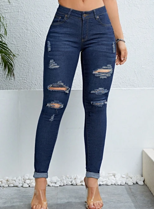 

Retro Deep Blue Jeans Summer Fashion Women's Slim Fit Trend Distressed Denim Pants Tight and Elastic Versatile Leggings Jeans