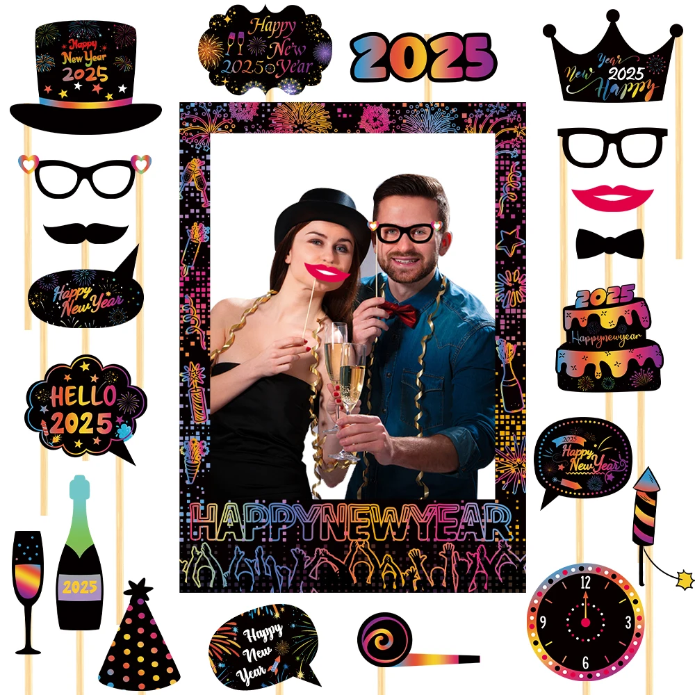 1set 2025 Happy New Year Paper Paper Photo Frame colorful Photo Booth Props New Year Eve Party Decorations Photobooth Prop