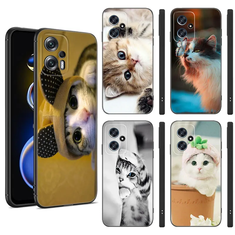 Cute Kawaii Kitten Cat Black Silicone Phone Case For Xiaomi POCO X3 X4 NFC F3 F4 GT F5 M3 M4 M6 X5 X6 Pro 5G C55 C65 M5