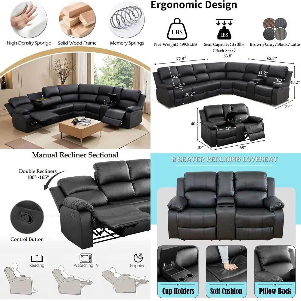 

8-Seat Black Leather Reclining Sectional Sofa Set with 4 Manual Recliners, L-Shaped Couch, Loveseat, Coffee Table, Storage, and