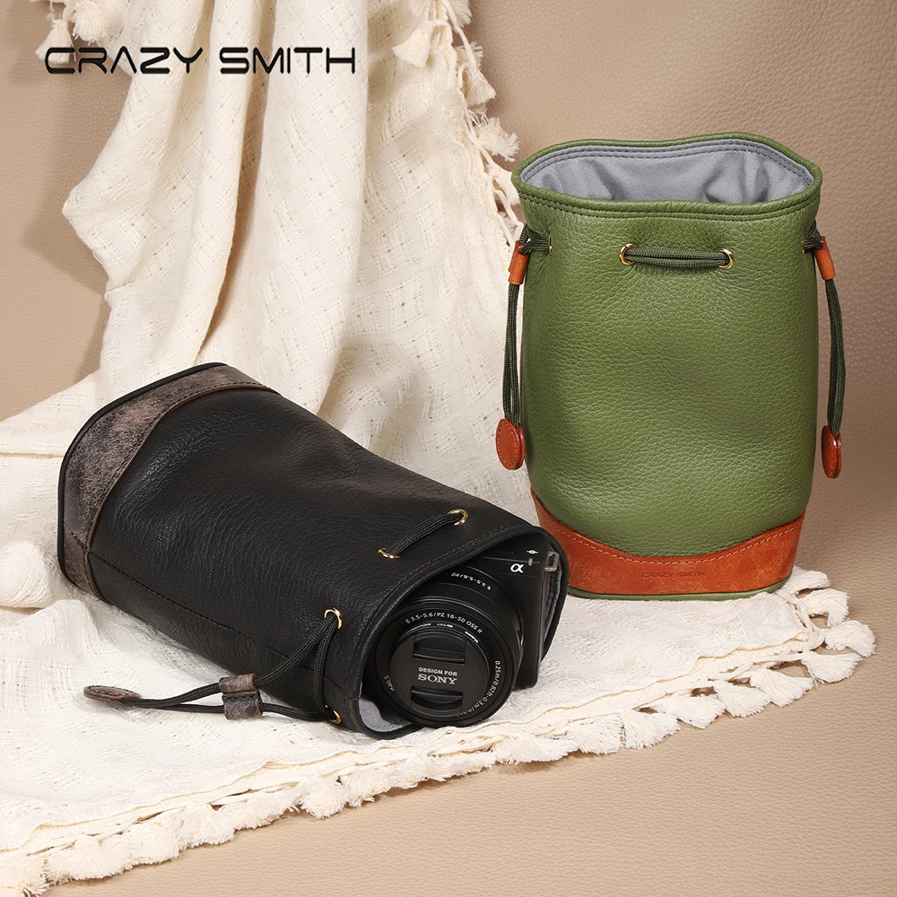 CRAZYSMITH Full-Grain Leather Camera Bag Vintage Bucket Cameras Organizer Adjustable Drawstring Bag Camera Storage Bag Protector