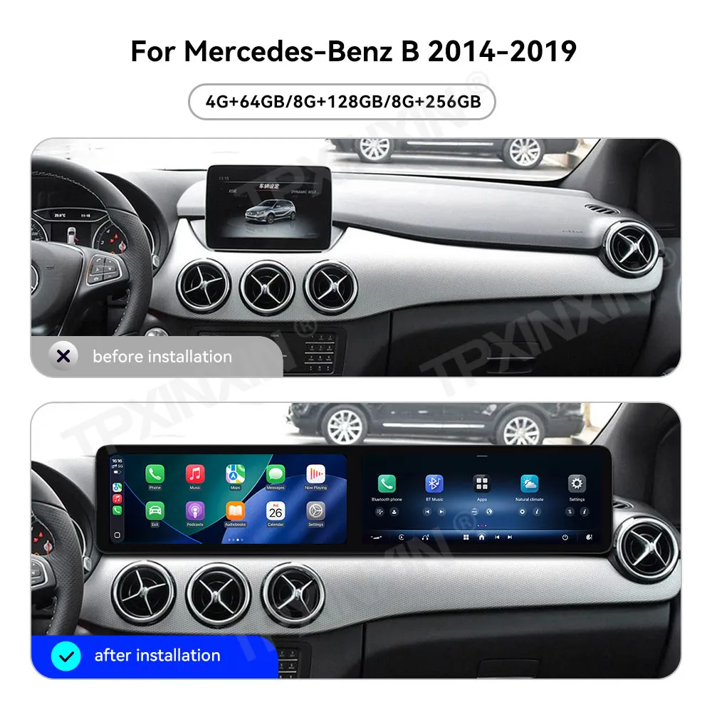 

12,3-дюймовый автомобильный радиоприемник с двойным экраном для Mercedes-Benz B 2014-2019, мультимедийный видеоплеер, стерео, авто GPS-навигация, Carplay Unit 4G
