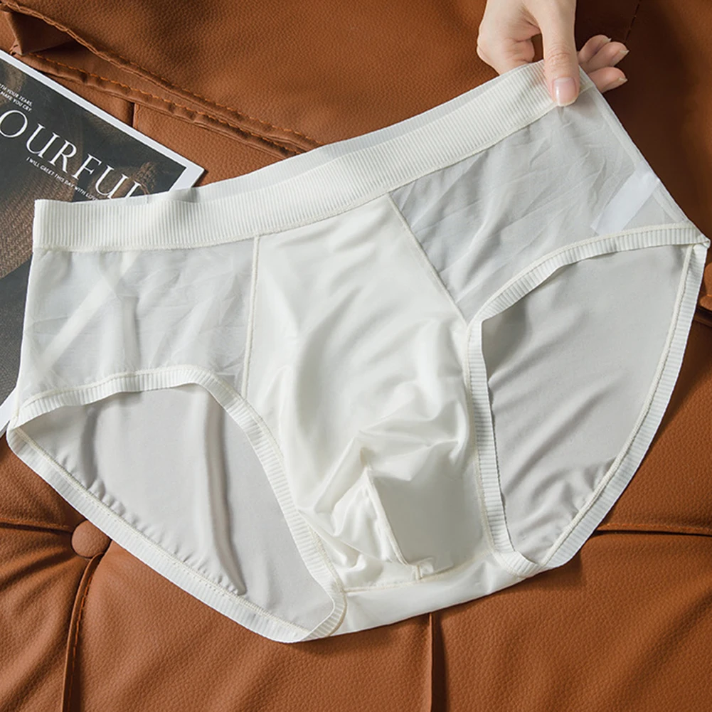 Men Ice Silk Seamless Lingerie Mesh Sheer Brief Underwear For Man Ultra-Thin Mid Rise Underpants Cool Panties Japanese Thongs