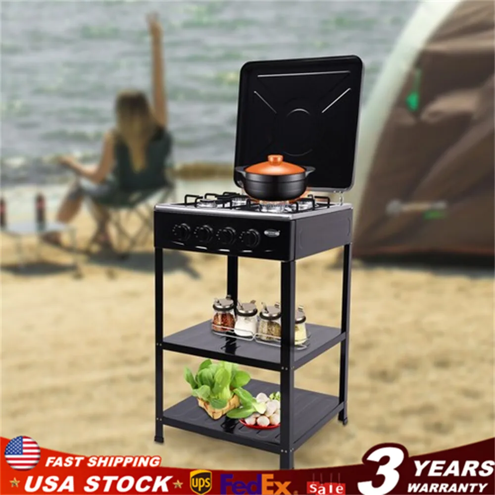 

BYMAOCAR Stove Propane 4 Burner Portable Cooker BBQ Grill Windshelter Black with Detachable Storage Rack Outdoor Black/Silver