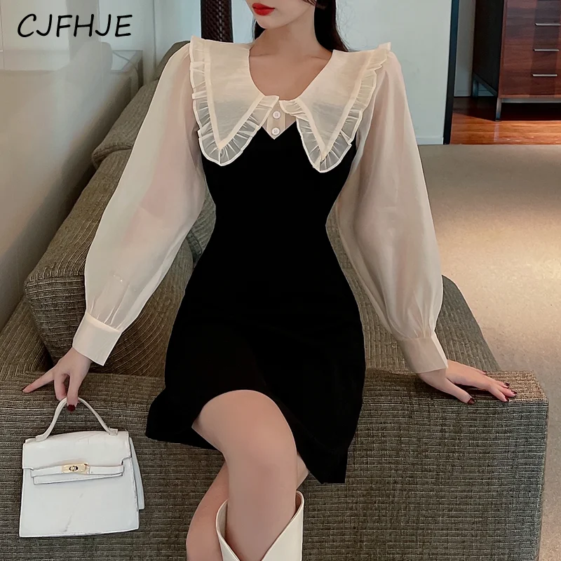 

CJFHJE Elegant Chic Mini Dress Women New Korean One Piece Y2K Peter Pan Collar Dress French Vintage Gothic Evening Party Dresses