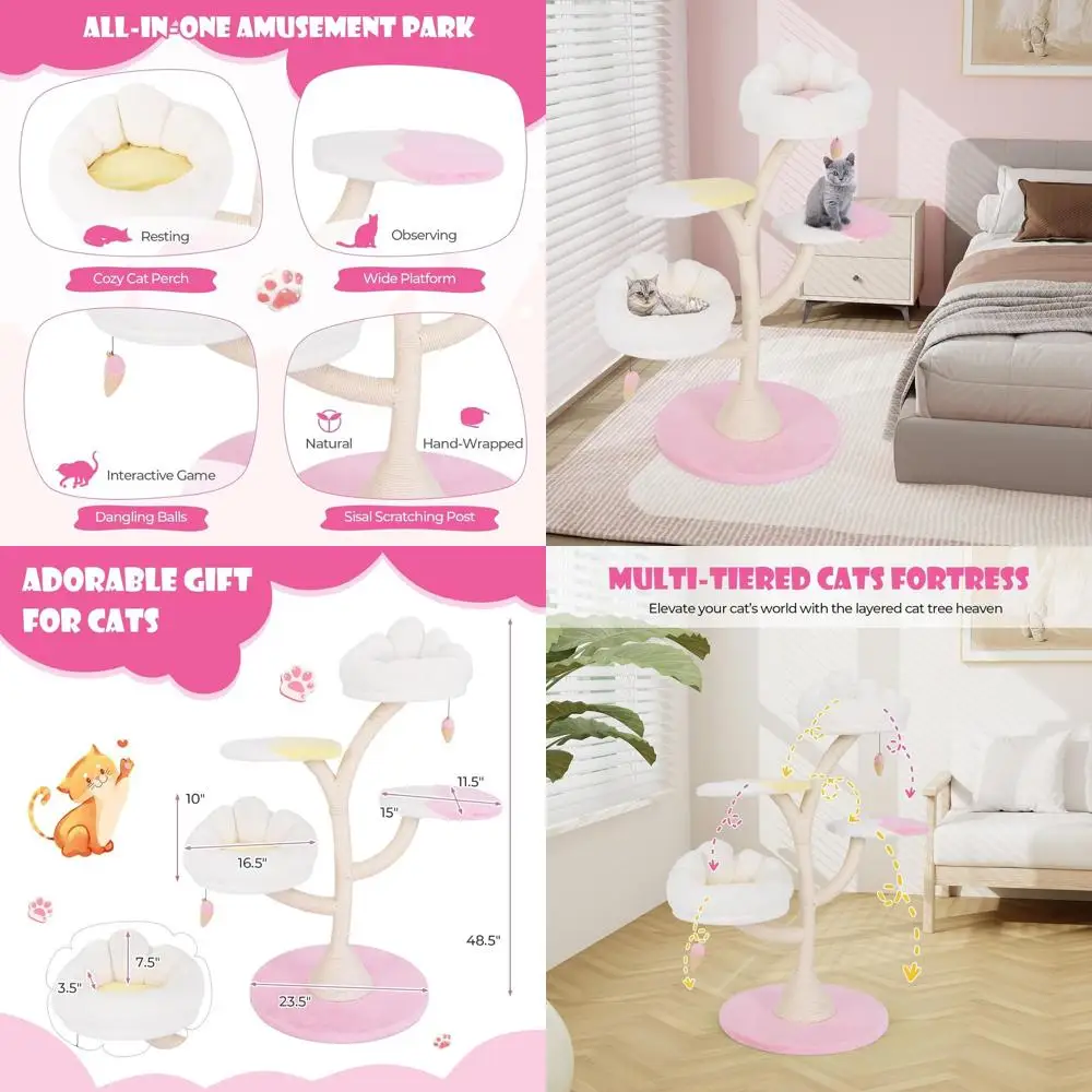 

48.5 Multi-Level Cat Tower with Sisal Scratch Posts, 2 Cushioned Perches, 2 Platforms, and Ice Cream-Shaped Balls for Indoor Cat