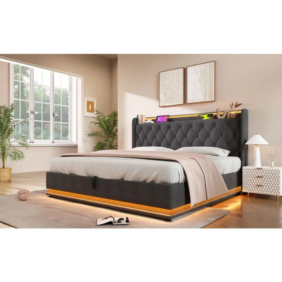 King size Upholstered bed 360 surround LED function Buttons/Apps/Remote Control hydraulic storage bed with USB Type-C charging