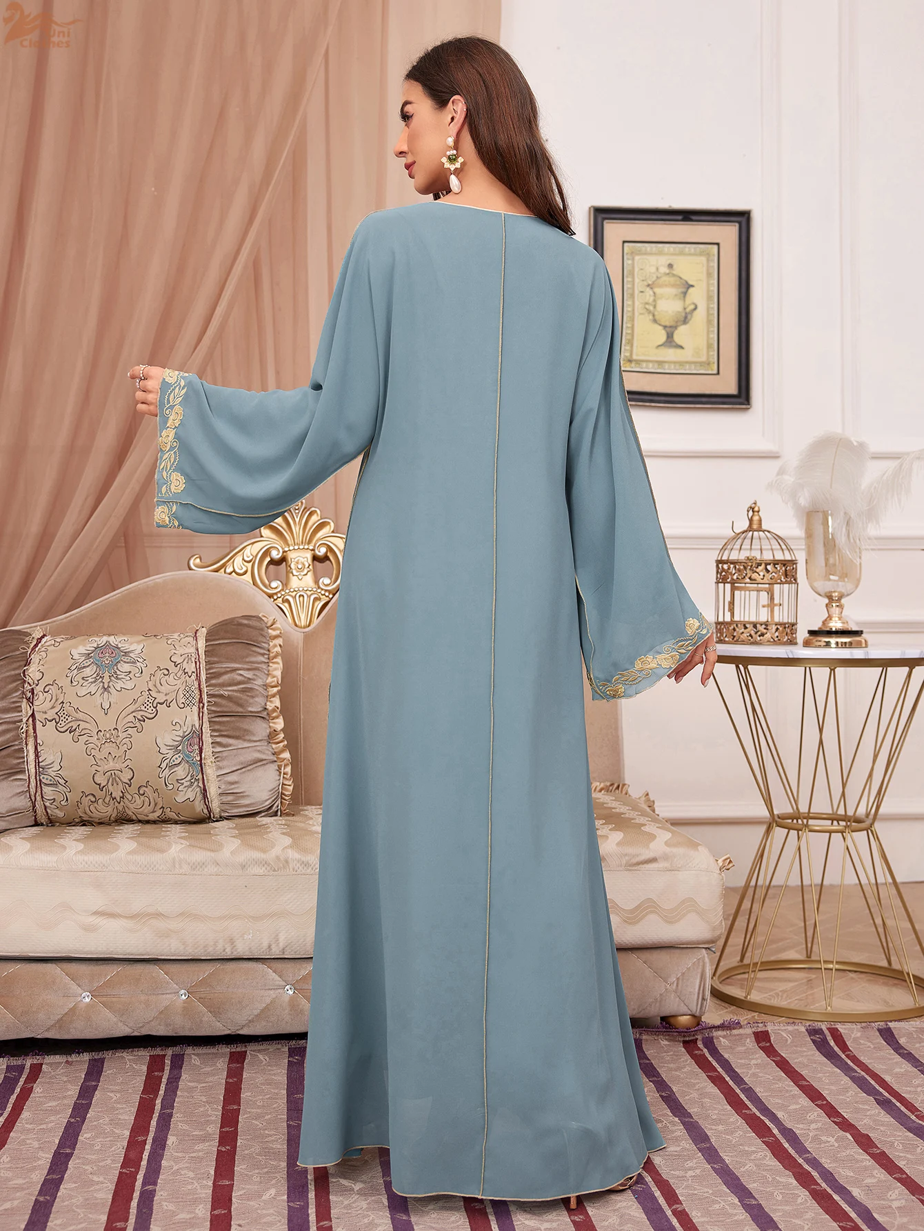 

Uni 2025 Ramadan Muslim Women's Embroidered Abaya Dress Dubai Middle Eastern Evening Gown Elegant Loose Kaftan Gala Party Wear