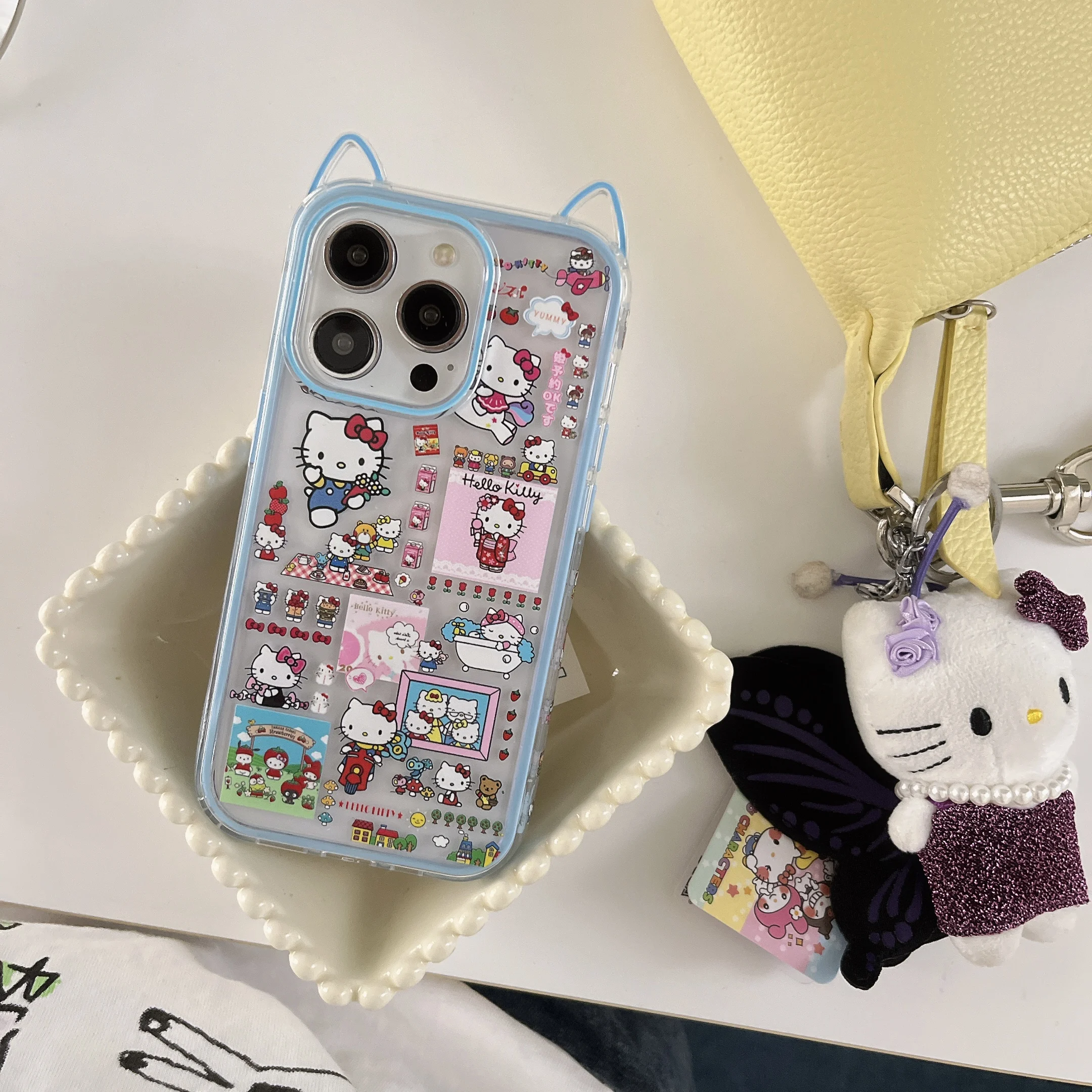 

Cat Ears Stereoscopic 3D Bow Tie Full Screen Illustration Sanrio For Hello Kitty For iPhone16 13 14 15 Pro Max Anti-Drop Cartoon