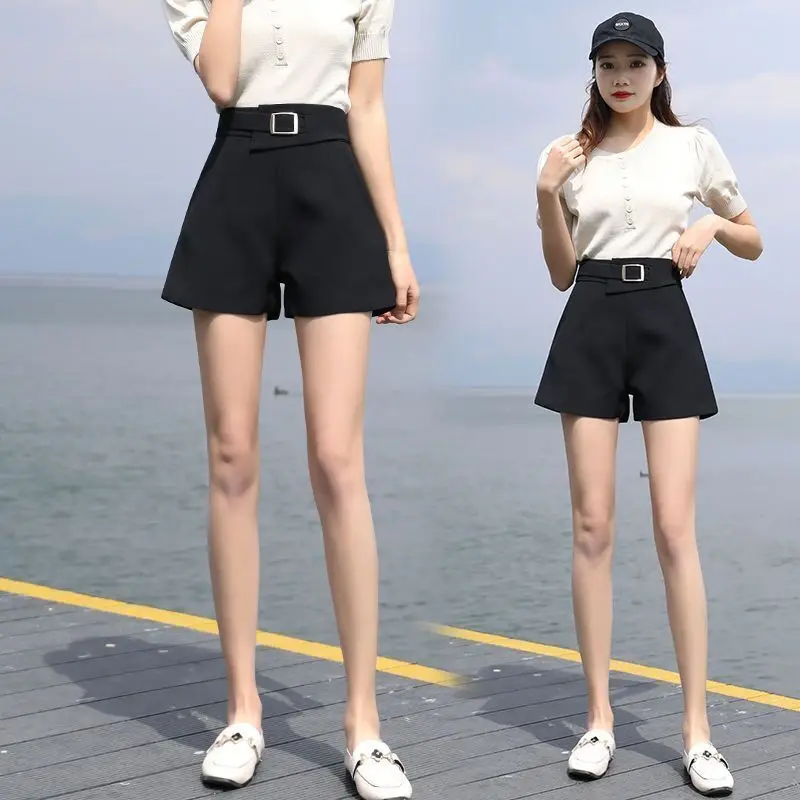 エレガントなスーツショーツ レディース 韓国ファッション ブラック ワイドレッグショーツ 夏 オフィス レディース ホワイト ハイウエスト オールマッチ ショートパンツ Wh9