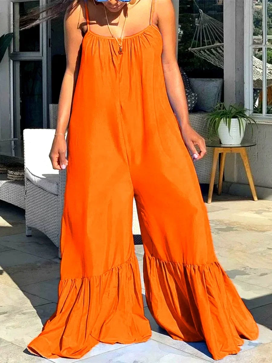 Women Elegant Large size Sleeveless Solid Party Rompers Summer Casual Bell pants solid color jumpsuit