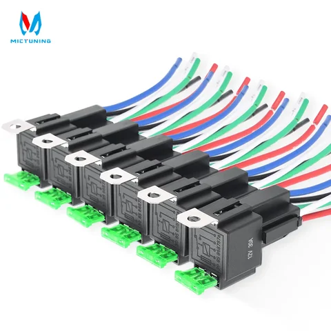 MICTUNING 6개의 5핀 퓨즈 릴레이 팩 14AWG 와이어가 있는 전기 자동차 릴레이 자동차 릴레이 켜기/끄기 스위치 제어 배선 하네스