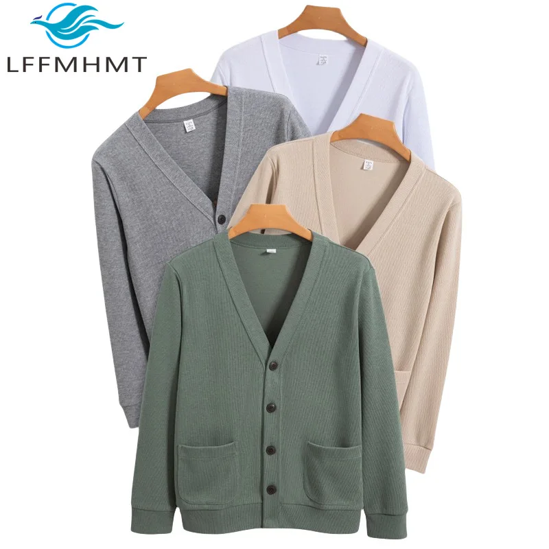 High Quality Mens V-Neck Cardigan Sweater Long Staple Cotton Solid Color Simple Loose Casual Knitting Coats
