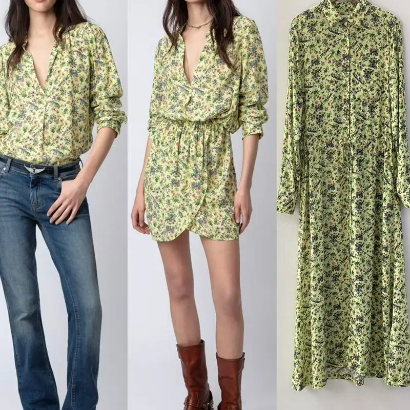 

Dressed Women's 2024 New Design Sense Fashion Casual Waist Drawstring Slim Yellow Fragmented Flower Long sleeved Dress