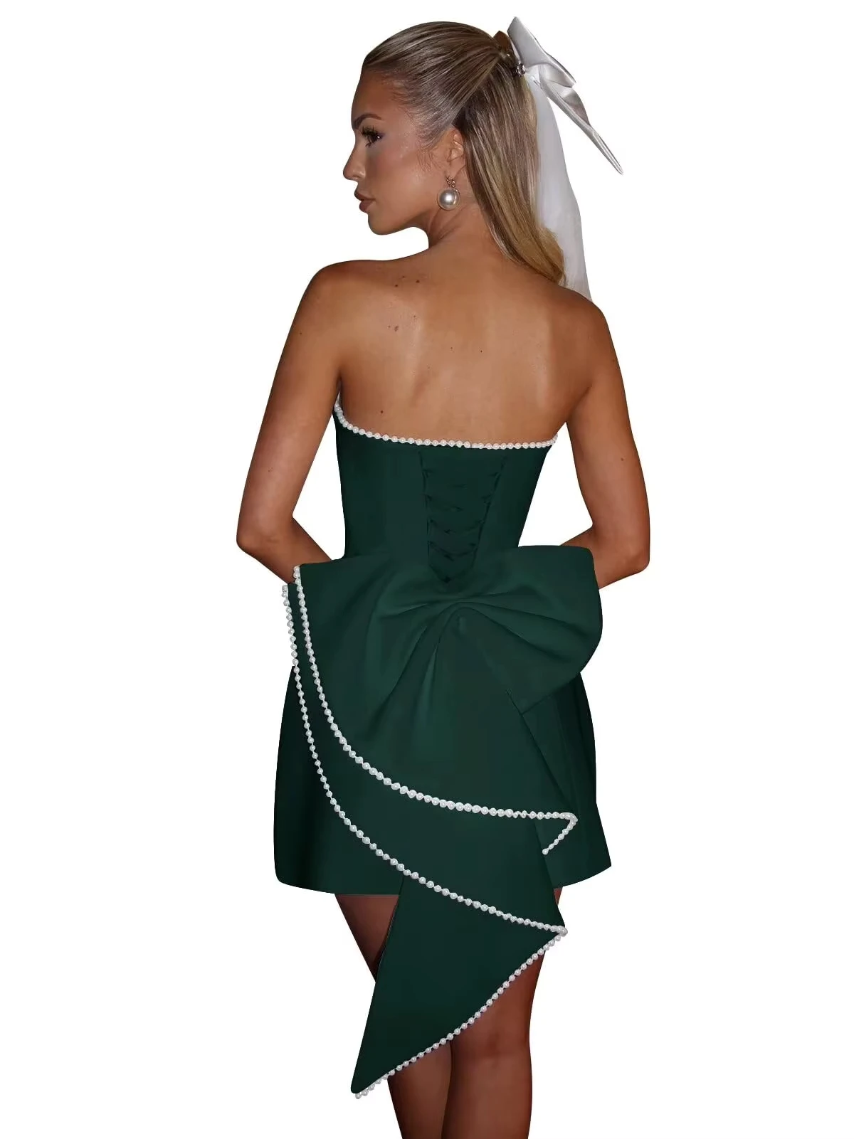 Vestidos de baile sem alças de cetim com laço mini vestido de convidado de casamento de pérola
