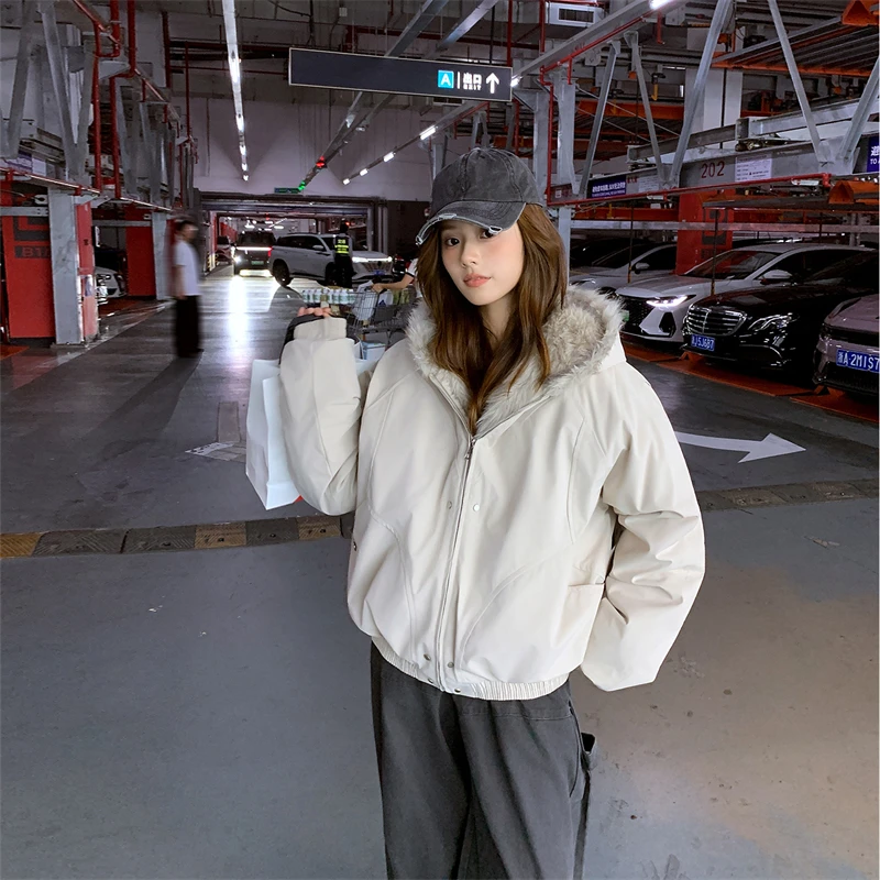 

Thick Warm Plus Velvet Hooded Cotton Padded Jackets Winter Loose Parka 2025 New Women Clothes Long Sleeve Apricot Female Outwear