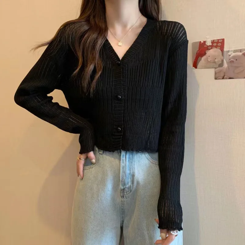 Open Front Women  Thin Sun-protect Solid Cardigan Coat Jackets Short Sleeve Korean Thin Knitted Shirt Female Cropped Top Outwear