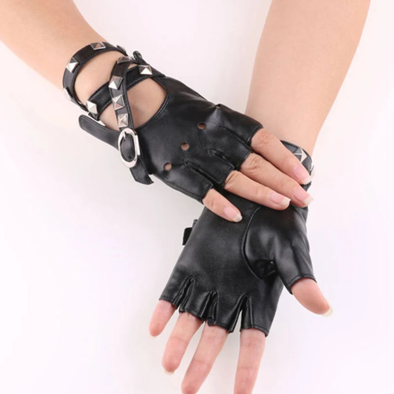 

Half Finger Gloves Women Rivet PU Leather Dancing Rock Punk Fingerless Hip Hop Mittens Punk Rivet Gloves