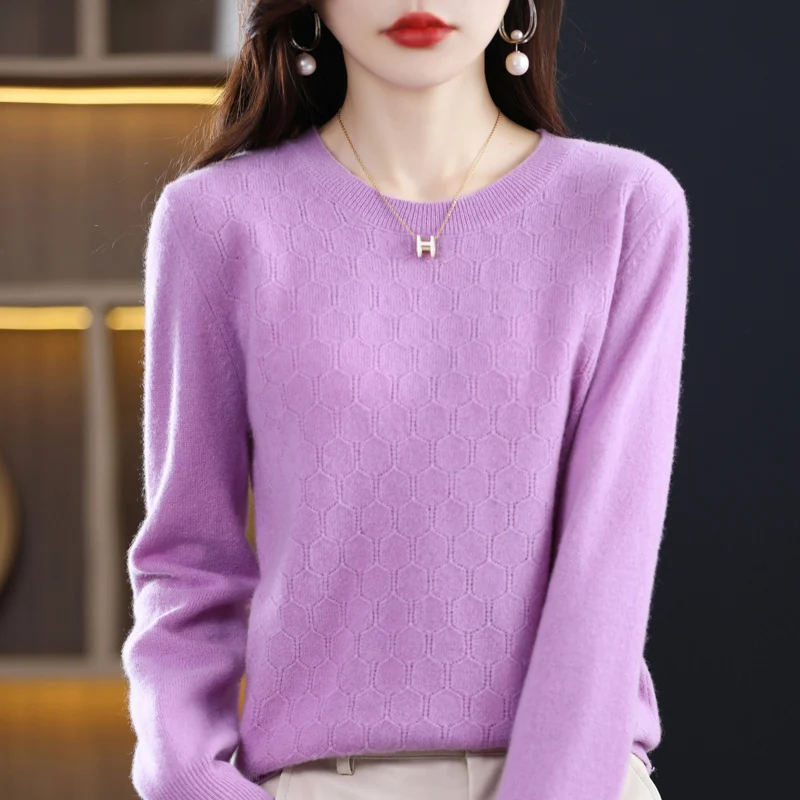 

Женский кашемировый свитер, однотонный теплый ажурный свитер из 100% чистой мериносовой шерсти с круглым вырезом, Осень-зима