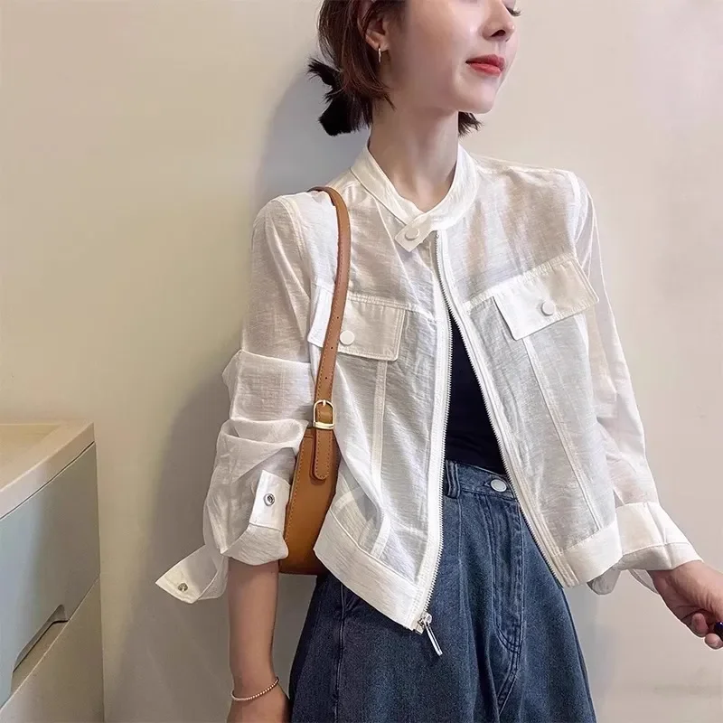 

Женская голубая куртка на молнии с воротником-стойкой и длинными рукавами и карманами, повседневное укороченное пальто