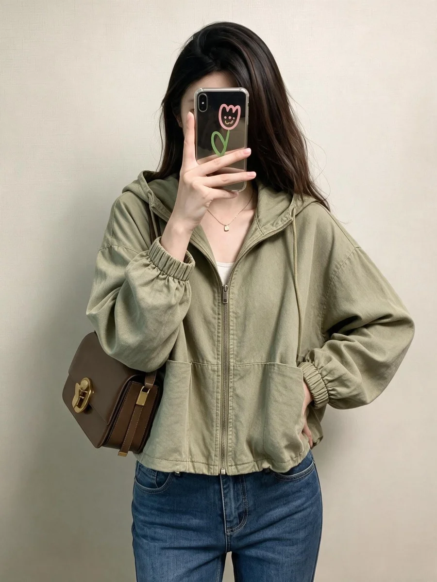 Retro Washed Loose Women's Jacket Design Spring New Arrival Short Coat Cotton Commute Style Zipper Decoration Long Sleeve