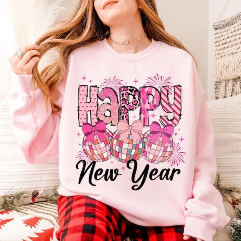 

Толстовка Coquette Happy New Year 2026, свитер в стиле ретро, новогодняя вечеринка, зимняя одежда с длинными рукавами и бантом, женская толстовка Kpop