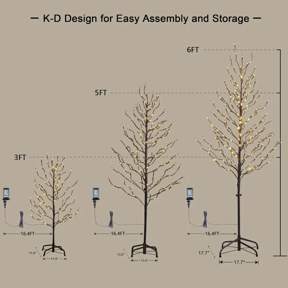 Christmas Decorative, Set of 3 Star Light Trees, Including 3, 5 & 6 ft, Warm White, Brown Branch, Festive & Party Decorations