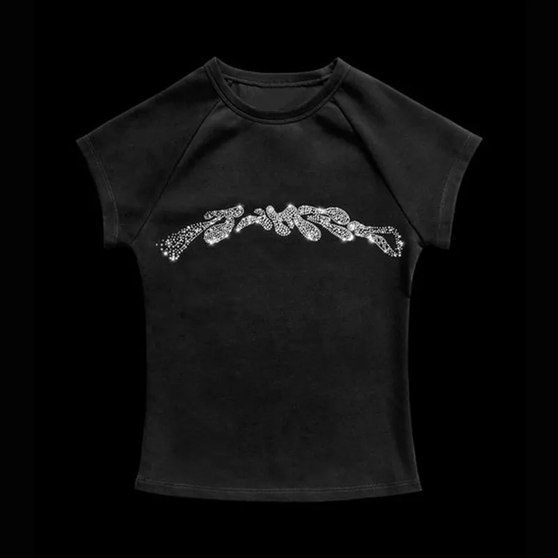 Y2K Women Sexy Harajuku Rhinestone Summer Crop Tops Black Y2k Streetwear Tshirts For Women Slim Baby Tee 2000s Clothes