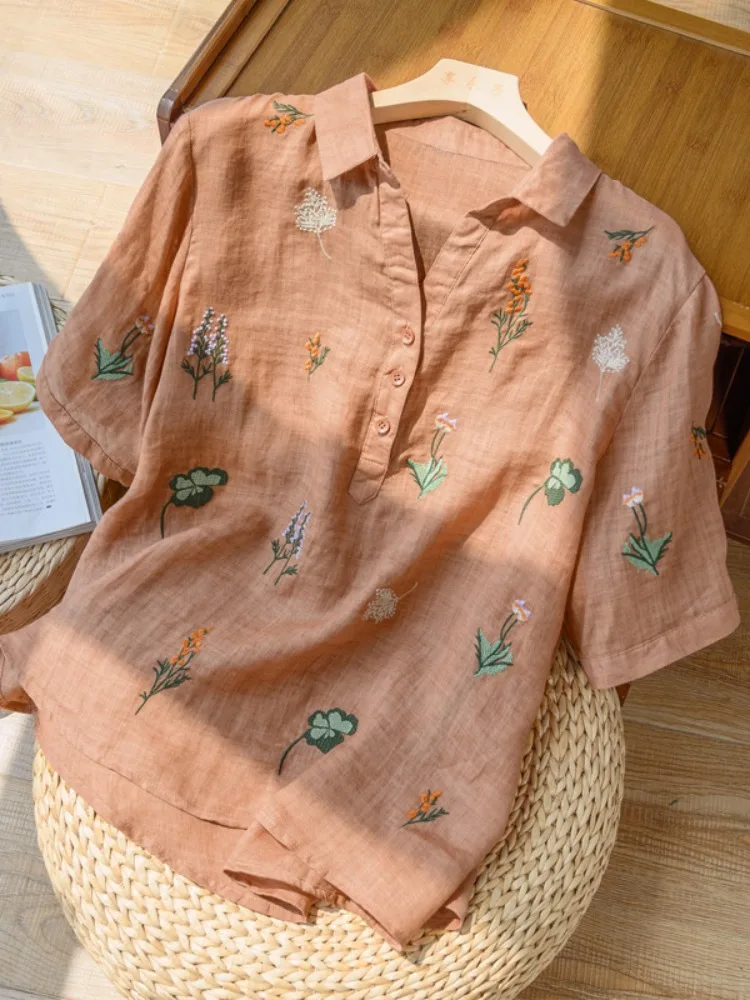 Japanese Style Floral Cotton Linen Short Sleeve Women's Shirt Summer Slimming Thin Cotton Linen Overhead Top Cover Belly