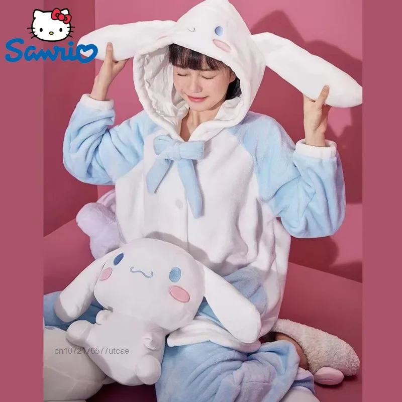 Sanrio Cinnamoroll Plush Cotton Cute Hooded 2 Pcs Pajamas Sets Y2k Sweet Cartoon Oversize Casual Pyjamas Women Winter Home Set