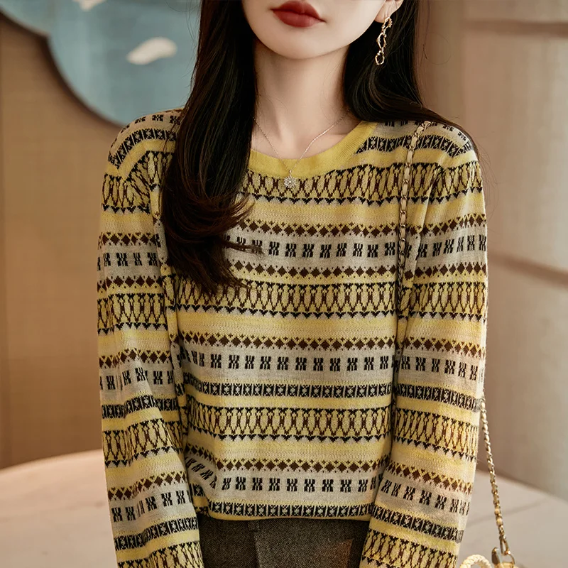

Fall/Winter 2025 New Retro Worsted Wool Sweater Women's National Style Loose Stripes