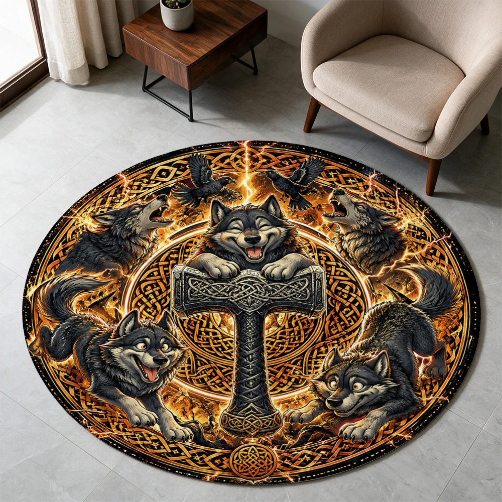 Large Round Wolf Tribal Steampunk Design Area Rug for Living Room Hallway Entrance Floor Mat