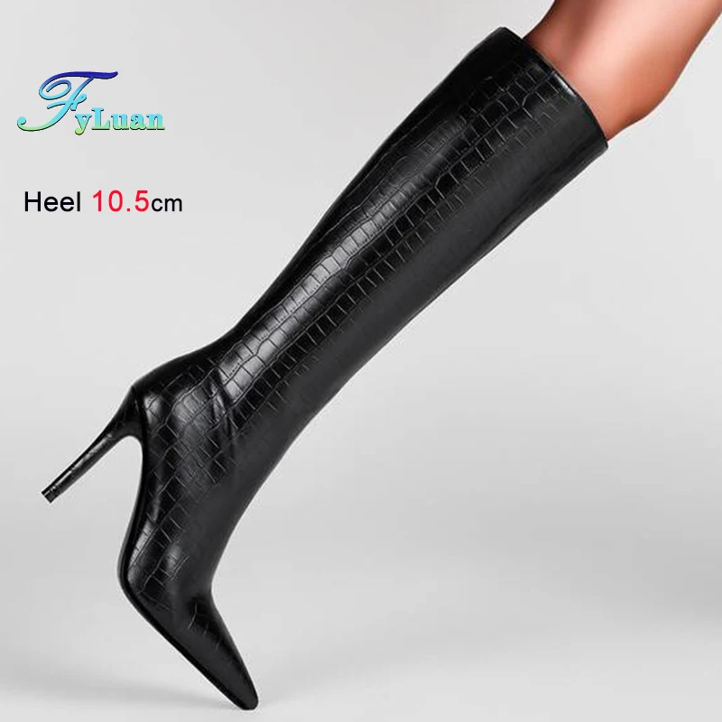 الخريف الشتاء الأسود المرأة حذاء برقبة للركبة حذاء برقبة للركبة رقيقة عالية الكعب 10.5 سنتيمتر أشار تو سيدة أحذية طويلة الأحذية حجم 36-43