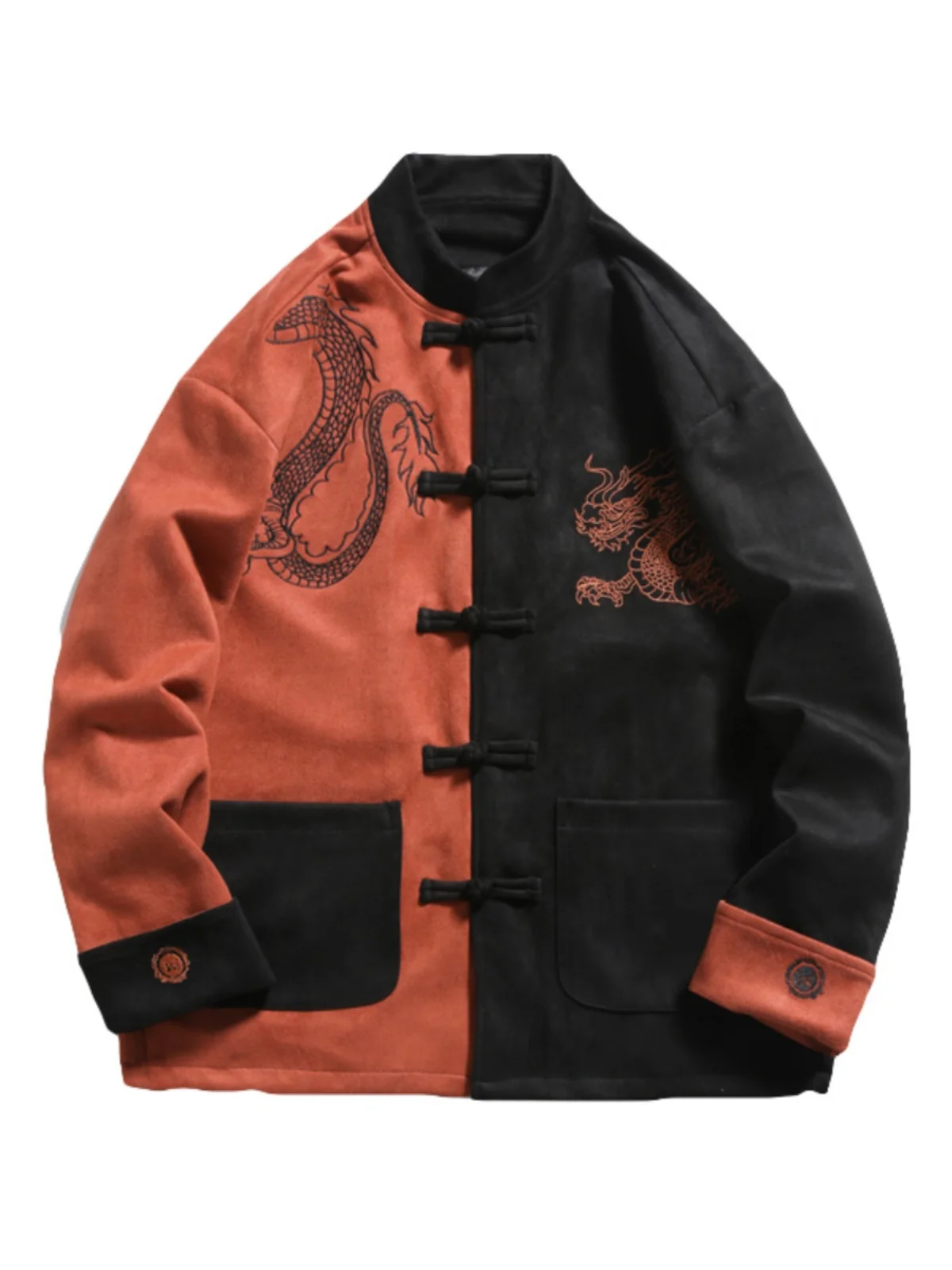 

Men's Suede Jaet Dragon Embroidery Casual Leisure Chinese Sle Coat Bla White Color Contrast Design Spring Autumn Outerwear