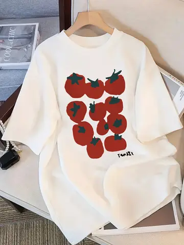 귀여운 토마토 프린트 티셔츠 여성 반팔 티 천연 과일 그래픽 탑 카와이 캐주얼 여름 티셔츠 친화적 인 선물