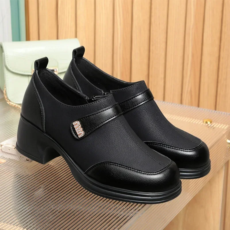 2024 New Slip On Spring Soft Shoes Woman Vintage Ladies Dress Pumps Thick High Heels Platform Shoes Retro Brown Daily Mom