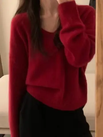 루즈핏 스웨터 루즈핏 레드 레트로 브이넥 토끼털 여성용 부드러운 봄 신상 느긋한 스타일 스웨터 니트 스웨터