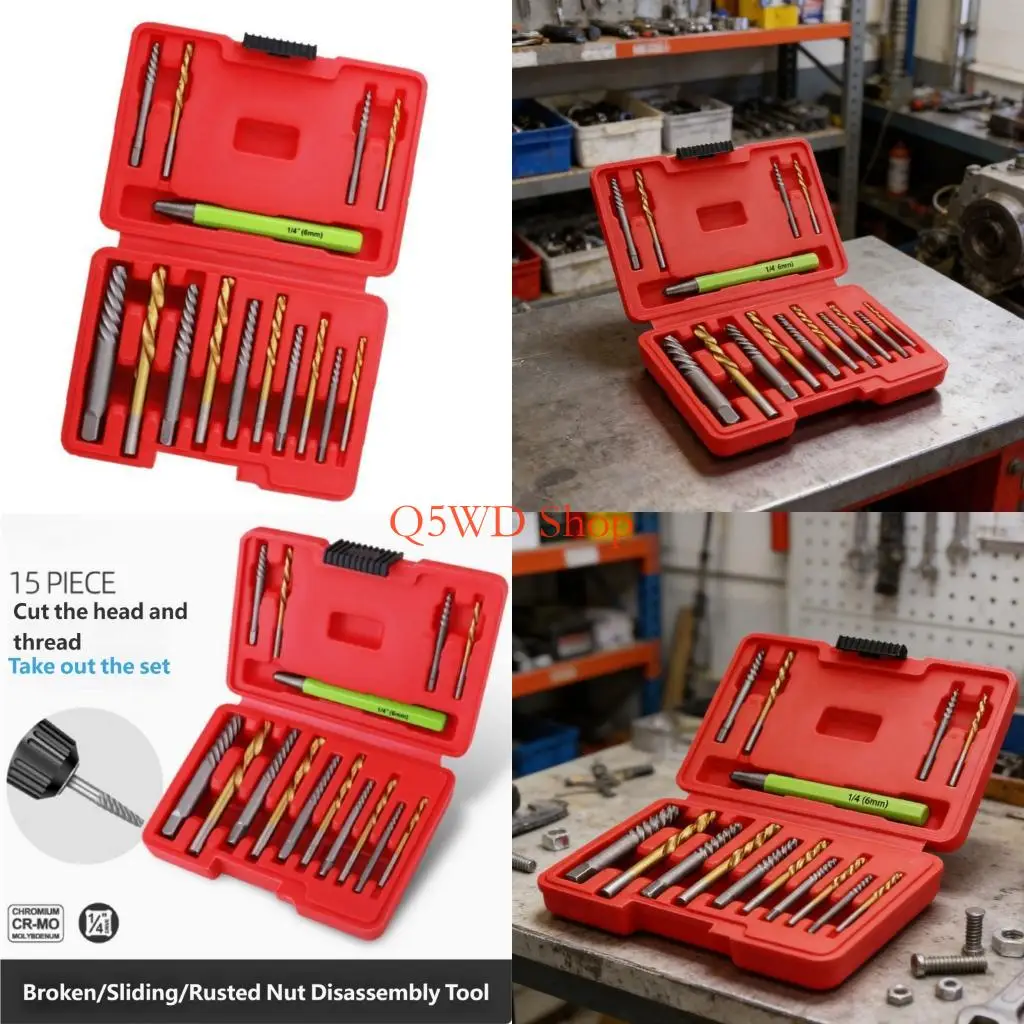 Q5WD 15Pcs Screw Puller And Left Hand Drill Bit For Automotive Repairs