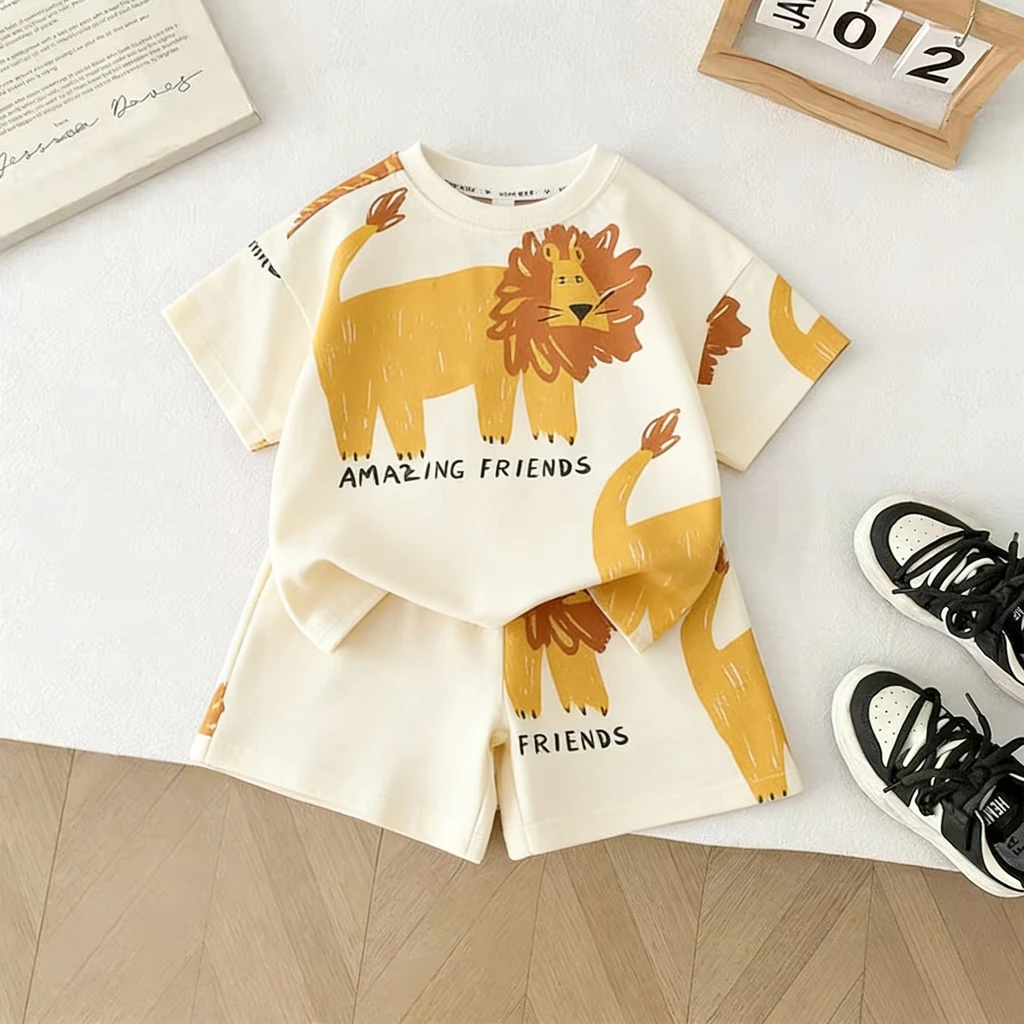 Toddler Summer Cartoon Short Sleeve Set Boys Girls Cotton Animal Print Loungewear Cute Lion Giraffe And Palm Tree Two Piece Set