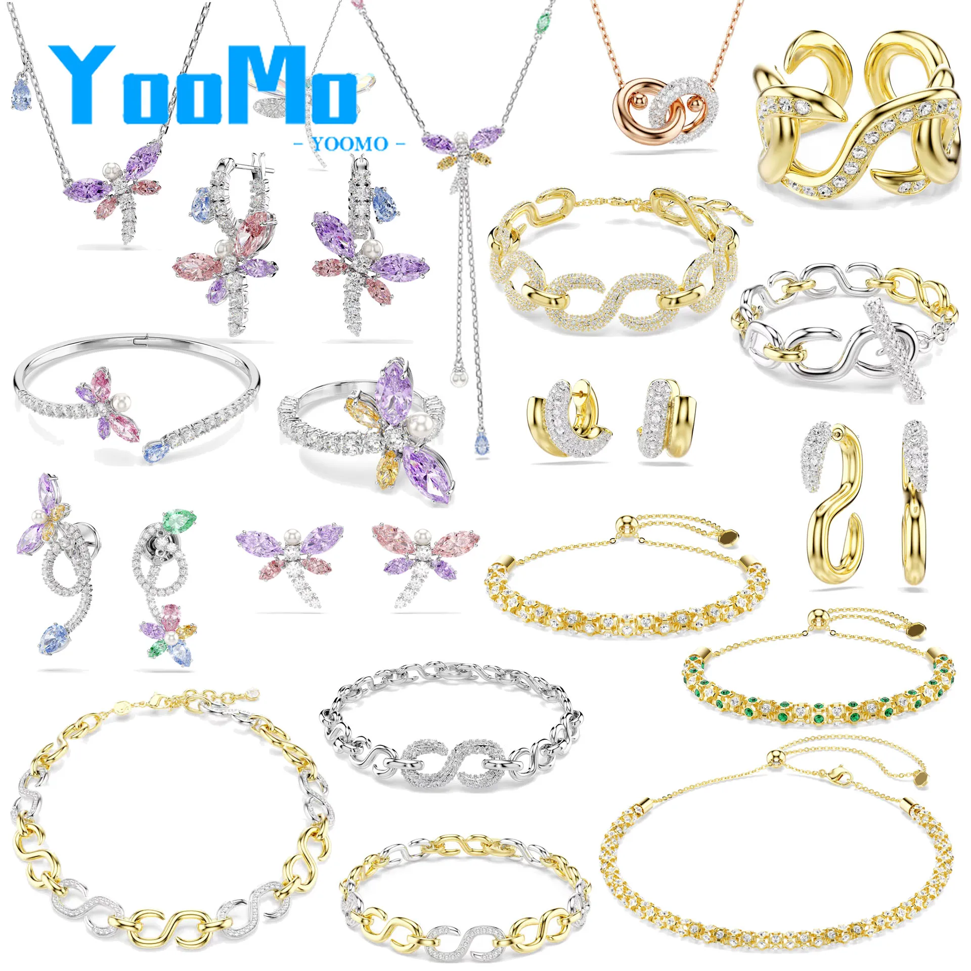 

Новинка 2026: Оригинальный золотой комплект украшений «Цветок-стрекоза» (колье, серьги, браслет, кольцо) – летние аксессуары для женщин