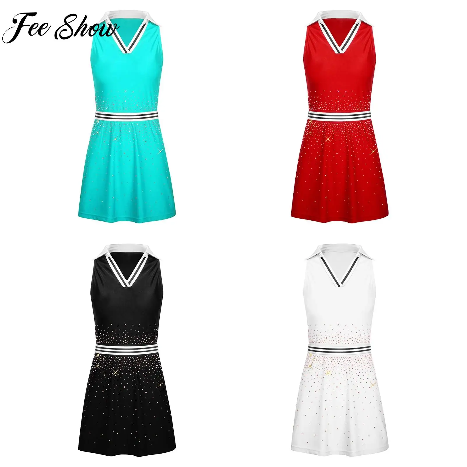 

Shiny Rhinestones Tennis Golf Dress for Womens Fashion Soft Elastic Striped Waist Sleeveless Sports Workout Athletic Dresses