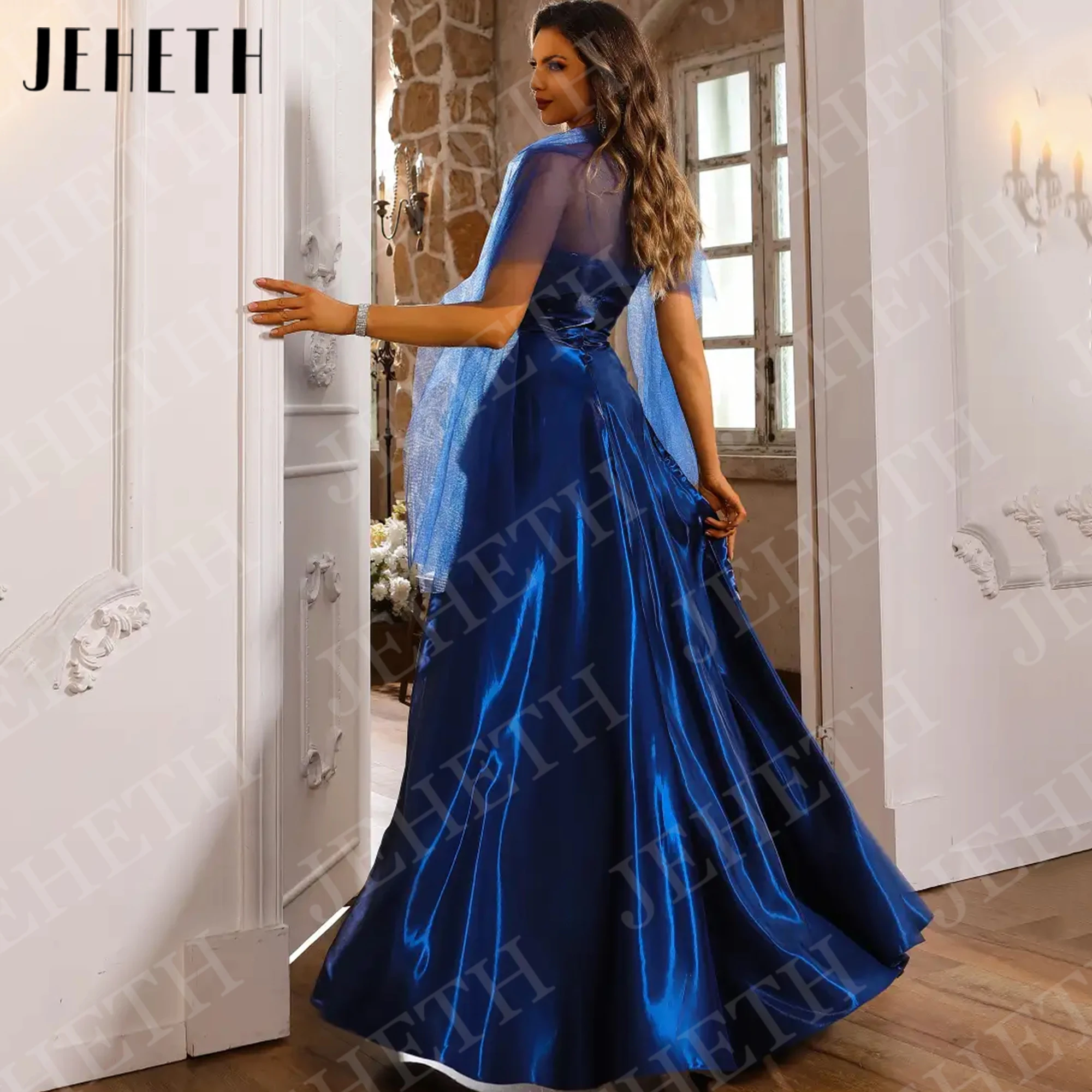 JEHETH High Low Prom Dresses for Woman Royal Blue Strapless Satin A Line Evening Dress Formal Sleeveless Customized فساتين سهرة