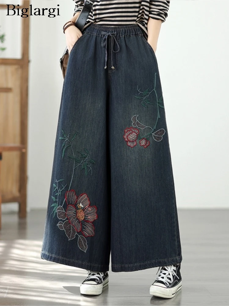 

Oversized Jeans Retro Autumn Pant Women Flower Embroidery Fashion Ladies Trousers Loose Wide Leg Woman Elastic Waist Pants