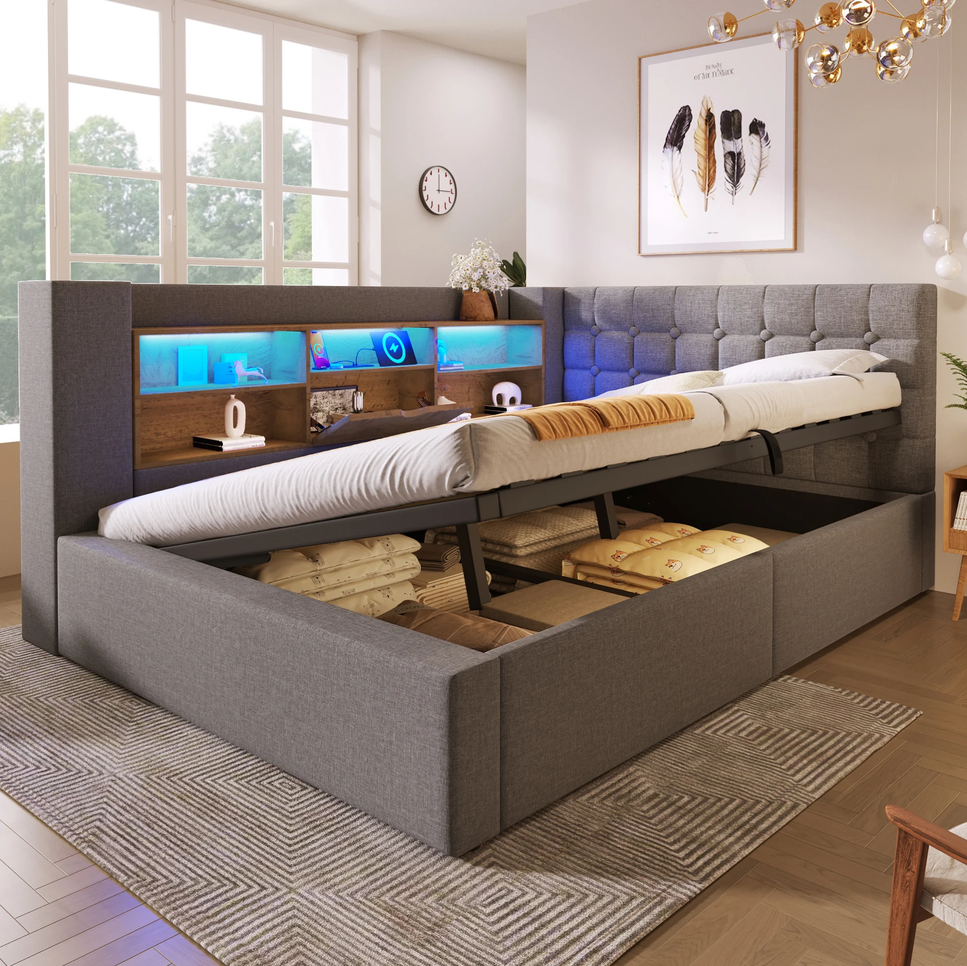 WUVRIE gestoffeerd bed 140x200 cm met LED-verlichting, hydraulische opbergruimte, omkeerbaar L-vormig hoofdeinde in grijze linnen stof (alleen frame)