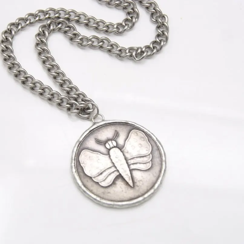 Soldered Coin Shape Round Insect Butterfly Necklace Stainless Steel Handmade  18+2inch Jewelry Special Gift