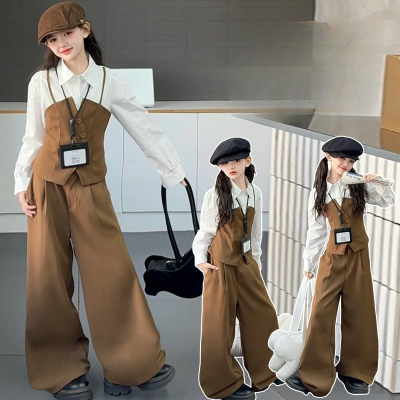 

autumn design teen girls clothes set color blocking suit tops+wide-leg pants junior kid suit sets child Coffee 2pcs fake outfits