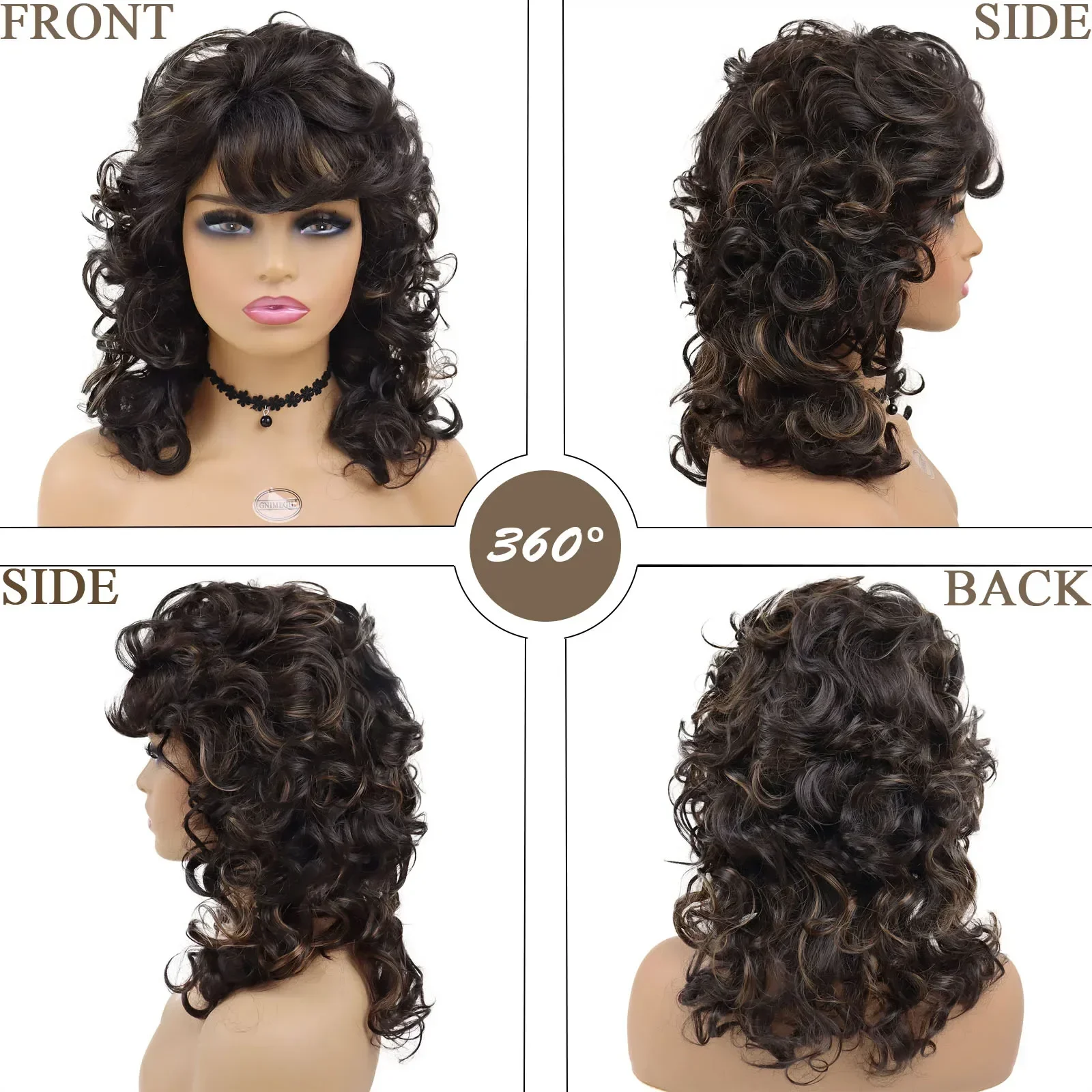 GNIMEGIL Synthetic Wigs for Black Women with Curly Texture and Bangs Brown Highlighted Regular Wig Natural Hairstyle Fluffy Hair