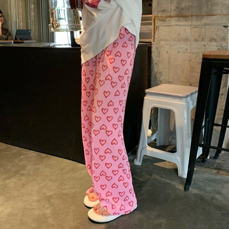 Women's Pink Heart Print Wide Leg Pants High Waist Pleated Straight Trousers Loose Casual Long Pants