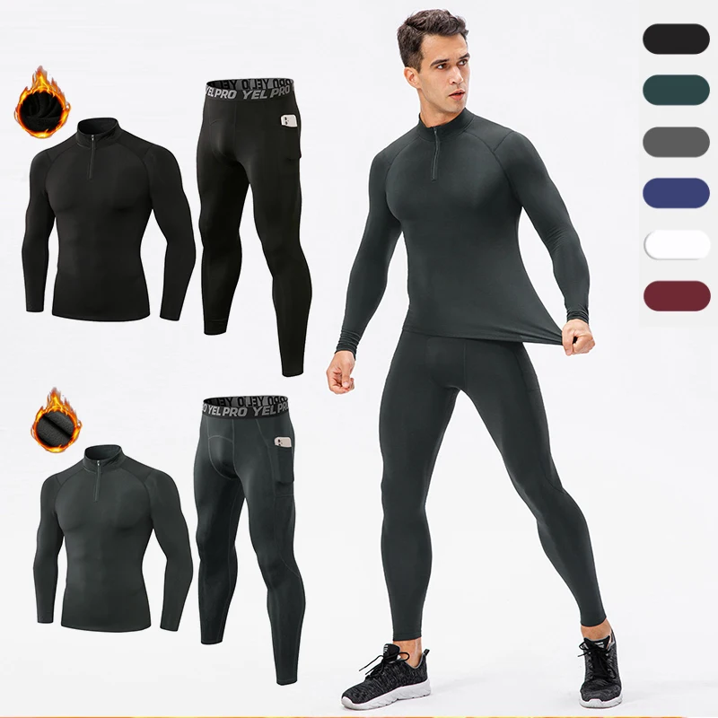 

2 Pcs/Set Men's Velvet Tracksuit Fitness Sports Suit Gym Clothes Running Training Jogging Suit Thermal Underwear Male Sportswear